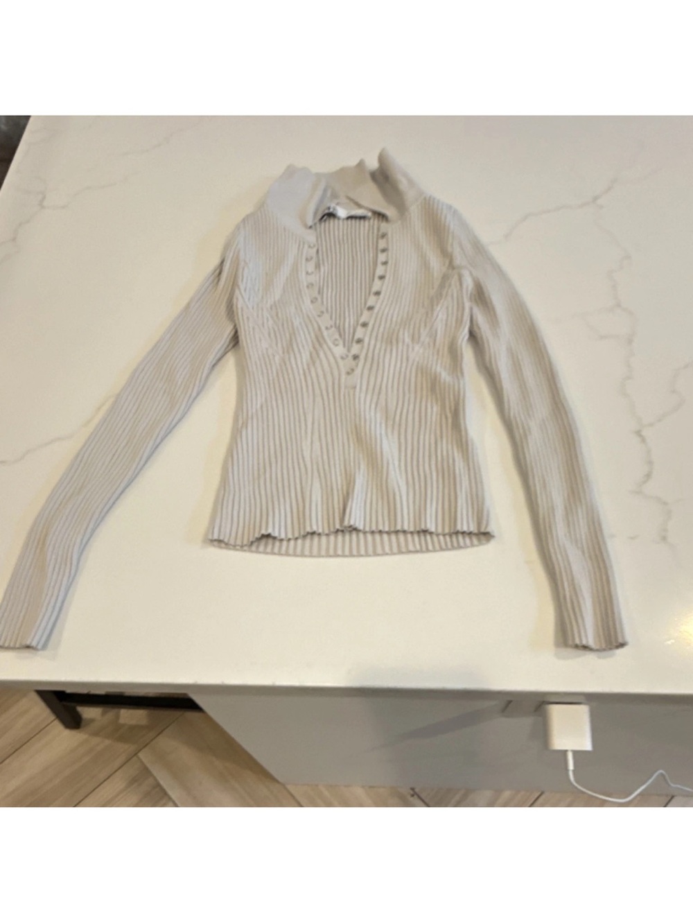 Zara Cream Ribbed Deep V Turtleneck Sweater